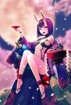  1girl breasts fate/grand_order fate_(series) feet highres hironox horns japanese_clothes looking_at_viewer oni oni_horns open_mouth purple_eyes purple_hair short_hair shuten_douji_(fate/grand_order) skin-covered_horns small_breasts solo 
