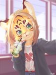 absurd_res anthro blonde_hair clothed clothing cup drinking_straw felid female food fruit green_eyes hair hi_res ice_cube itaki. kemono lime mammal pantherine plant selfie short_hair solo tiger 