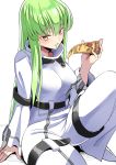  1girl absurdres bangs blush breasts c.c. code_geass eating eyebrows_visible_through_hair food green_hair highres looking_at_viewer manno_(kanpi2100) pizza simple_background smile straitjacket white_background yellow_eyes 