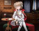  1girl absurdres alcohol ass bench blue_coat blue_eyes bow brick brocade brown_hair cape chest_of_drawers chin_rest closed_mouth closet cowboy_shot crossed_legs cup dress dress_shirt drinking_glass elbow_rest epaulettes fireplace flower frilled_dress frilled_shirt frilled_shirt_collar frills girls_frontline gold_trim gun hair_bow handgun highres holding holding_gun holding_weapon holster huge_filesize indoors keep_calm_and_carry_on knees lace leaf_print legs letter long_sleeves looking_to_the_side mingame model_ship pantyhose plaid portrait_(object) puffy_sleeves red_cape revolver ribbon rose ship shirt shoes signature sitting solo striped striped_ribbon table thigh_holster thighs translucent_shirt tsurime two_side_up wallpaper_(object) watercraft weapon webley_revolver webley_revolver_(girls_frontline) white_bow white_dress white_legwear wine wine_glass 