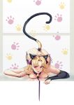  1girl animal_ear_fluff animal_ears asymmetrical_clothes asymmetrical_sleeves bikini blonde_hair breast_press cat_ears cat_tail commentary_request earrings ereshkigal_(fate/grand_order) eyebrows_visible_through_hair fate/grand_order fate_(series) happymonk highres jewelry long_hair looking_at_viewer open_mouth paw_pose paws red_eyes revision side-tie_bikini single_thighhigh swimsuit tail thighhighs top-down_bottom-up very_long_hair 
