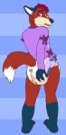  anthro barefoot biped black_nose bodily_fluids canid canine carnival-tricks diaper dipstick_tail eyebrows feces fox fur genital_fluids gloves_(marking) hair hi_res leg_markings looking_back male mammal markings messy_diaper multicolored_tail rear_view red_body red_fox red_fur scat simple_background socks_(marking) soiling solo urine watersports wet_diaper wetting white_body white_fur 