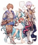  1girl 2boys barefoot blue_hair blue_hoodie book breastplate brown_eyes brown_hair closed_eyes detached_sleeves dress gauntlets gran_(granblue_fantasy) granblue_fantasy grimnir heterochromia highres holding holding_book long_hair lyria_(granblue_fantasy) maru0539 multiple_boys musical_note pointy_ears silver_hair sleeveless sleeveless_dress speech_bubble sword weapon white_background white_dress 