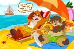  2018 4_fingers 4_toes anthro barefoot beach beach_umbrella belly_tuft biped black_nose black_pawpads blep boat bodily_fluids bottomwear brown_body brown_fur brown_mane canid canine canis chest_tuft clothed clothing cloud countershade_torso countershading dated day detailed_background dialogue digital_drawing_(artwork) digital_media_(artwork) duo_focus english_text eyes_closed eyewear felid fingers fishing fishing_rod fluffy fluffy_tail fox fur grey_body grey_fur group half-closed_eyes hands_behind_head head_tuft heat_(temperature) holding_object kaohto lion looking_at_another lying male mammal mane multicolored_body multicolored_fur narrowed_eyes number on_back open_mouth orange_body orange_fur outside palm_tree pantherine pawpads paws red_eyes red_tongue sand sea seaside shorts side_view signature sitting sky slightly_chubby speech_bubble summer sunglasses sweat text three-quarter_view toes tongue tongue_out toony topless tree tuft ursid vehicle water watercraft white_body white_countershading white_fur white_text wolf x_eyes 