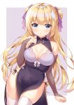  1girl :o absurdres bare_shoulders black_panties blonde_hair blue_eyes breasts bridal_gauntlets china_dress chinese_clothes cleavage collarbone commentary_request double_bun dress eyebrows_visible_through_hair floating_hair hair_between_eyes hair_ribbon highres long_hair looking_at_viewer medium_breasts original panties purple_dress ribbon shiny shiny_hair side-tie_panties sidelocks simple_background siooooono sleeveless sleeveless_dress solo thighhighs underwear white_legwear 