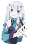  1girl blue_eyes blush bow closed_mouth eromanga_sensei eyebrows_visible_through_hair hair_bow holding holding_stylus ixy izumi_sagiri jacket long_hair long_sleeves pink_bow simple_background smile solo stylus upper_body white_background white_hair 