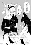  2girls absurdres animal_ears blush bottomless closed_eyes collarbone commentary fingering fox_ears greyscale heart highres hololive kneeling long_hair looking_at_another monochrome multiple_girls nanaq_9700x ookami_mio ookami_mio_(hoodie) open_mouth partially_translated pixiv_username pussy_juice shirakami_fubuki shirakami_fubuki_(loungewear) short_sleeves single_bare_shoulder single_off_shoulder sitting speech_bubble spoken_heart sweat thought_bubble translation_request twitter_username virtual_youtuber wolf_ears yuri 