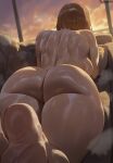  1girl ass ass_focus back breasts brown_hair cloud commentary completely_nude couch facing_away feet from_behind highres huge_ass jujutsu_kaisen kugisaki_nobara large_breasts lying median_furrow nude on_couch on_stomach pillow shexyo shiny_skin short_hair sideboob soles solo wet window 