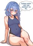  1girl absurdres alternate_costume armpit_crease arms_at_sides bare_arms bare_legs blue_eyes blue_hair blue_one-piece_swimsuit blush braid breasts collarbone competition_swimsuit covered_navel english_commentary hair_between_eyes highres legs_together long_hair medium_breasts mushoku_tensei one-piece_swimsuit pingun roxy_migurdia shadow simple_background single_braid sitting solo speech_bubble sweatdrop swimsuit thick_thighs thighs thought_bubble white_background wide_hips 
