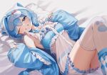  1girl ahoge arahashi_tabi argyle_clothes argyle_socks blue_eyes blue_hair blue_negligee blue_shirt blush bow bowtie braid braided_twintails breasts commentary_request feet_out_of_frame frilled_negligee grin hair_intakes head_on_pillow highres knees_up korean_commentary lingerie long_hair long_sleeves looking_at_viewer lying mask mask_on_head medium_breasts negligee on_back one_eye_closed paw_print pillow polka_dot polka_dot_negligee print_thighhighs see-through_clothes shirt shirt_partially_removed shorts sleep_mask sleeves_past_wrists smile socks solo squared_bibibik stellive thighhighs thighs underwear virtual_youtuber white_bow white_bowtie white_negligee white_shorts white_thighhighs 