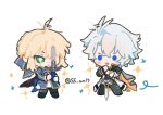  1boy 1girl ahoge antenna_hair arm_guards artist_name artoria_pendragon_(fate) black_boots black_cape black_choker black_pantyhose black_shirt blonde_hair blue_bow blue_bowtie blue_cape blue_dress blue_eyes blush boots bow bowtie braid braided_bun bright_pupils cape chibi chibi_only choker closed_mouth coat commentary crossed_bangs dawnmaker_(honkai:_star_rail) dress excalibur_(fate/stay_night) fate/stay_night fate/unlimited_blade_works fate_(series) four-pointed_star full_body green_eyes hair_between_eyes hair_bow hair_bun holding holding_sword holding_weapon honkai:_star_rail honkai_(series) juliet_sleeves long_sleeves looking_afar looking_at_viewer one_eye_covered open_mouth pantyhose phainon_(honkai:_star_rail) puffy_sleeves saber_(fate) saber_(honkai:_star_rail)_(fate) shirt short_hair sidelocks simple_background smile ss_un17 standing striped_bow striped_bowtie striped_clothes sword two-sided_cape two-sided_fabric two-tone_dress untranslatable_commentary v-shaped_eyebrows weapon white_background white_coat white_dress white_hair white_pupils yellow_cape 