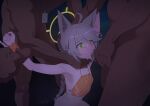  1girl 3boys ahoge animal_ears bikini blue_archive bound braid censored chained_wrists commentary cum cum_on_clothes dark-skinned_male dark_skin extra_ears fellatio fox_ears fox_girl green_eyes grey_hair halo heart hetero highres interracial long_hair male_pubic_hair mosaic_censoring multiple_boys oral orange_bikini otogi_(blue_archive) otogi_(c108_swimsuit)_(blue_archive) pubic_hair rape restrained stray_pubic_hair swimsuit thanabis untranslatable_commentary yellow_halo 