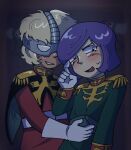  2boys black_cape blonde_hair blush cape char_aznable commentary english_commentary epaulettes eye_mask garma_zabi gloves green_jacket gundam highres jacket long_sleeves looking_at_another male_focus mask military_uniform mobile_suit_gundam multiple_boys open_mouth options pumpkel purple_hair red_jacket short_hair smile textless_version upper_body white_gloves yaoi zeon 