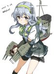  1girl absurdres bigkwl bike_shorts bike_shorts_under_skirt black_sleeves black_socks blush bow bowtie closed_mouth commentary_request dated_commentary detached_sleeves feet_out_of_frame green_bow green_bowtie green_hairband grey_eyes grey_hair grey_skirt hair_between_eyes hairband highres kantai_collection kneehighs long_hair long_sleeves looking_at_viewer miniskirt pleated_skirt rigging school_uniform shirt short_sleeves simple_background skirt smile socks solo standing white_background white_shirt yamagumo_(kancolle) 