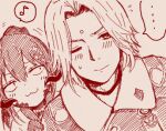  ... 1boy 1other :3 au_ra blush closed_mouth coat dragon_horns final_fantasy final_fantasy_xiv flower garlean gloves hair_flower hair_ornament hatching_(texture) high_ponytail horns imageboard_colors izumi_tol_amulius jullus_pyr_norbanus long_hair looking_at_another looking_at_viewer lowres masaki_damekana medium_hair musical_note oekaki one_eye_closed original ponytail red_theme scales sepia simple_background smile spoken_ellipsis spoken_musical_note sweatdrop third_eye upper_body 