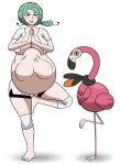 2023 3_toes 5_fingers 5_toes abdominal_bulge avian balancing_on_foot barefoot bea_(pokemon) beak belly big_belly big_breasts bird black_beak bottomwear breasts clothed clothing eyes_closed feathers feet female female_pred female_prey fingers flamigo flamingo fully_inside generation_9_pokemon green_hair gym_leader hair hands_together hi_res human human_pred human_prey katy_(pokemon) mammal mole_under_eye mouth_closed nintendo no_bra on_one_leg pants pink_body pink_feathers pog0na pokemon pokemon_(species) shadow simple_background standing story story_at_source story_in_description toes unseen_prey vore white_background yellow_sclera yoga yoga_pants