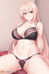  1girl aslindsamure bangs banned_artist bare_shoulders blush bra breasts cleavage closed_mouth collarbone girls_frontline highres large_breasts leaning_back long_hair looking_at_viewer navel panties pink_eyes pink_hair purple_bra purple_panties sitting smile solo thighs ukm-2000_(girls_frontline) underwear wariza 