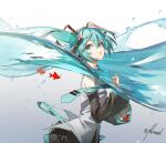  1girl aqua_eyes aqua_hair aqua_nails aqua_necktie artist_name black_sleeves breasts commentary detached_sleeves fish grey_shirt hair_between_eyes hatsune_miku headset highres kieed liquid_hair long_hair looking_at_viewer necktie parted_lips shirt signature simple_background sleeveless sleeveless_shirt small_breasts solo twintails untranslatable_commentary upper_body vocaloid 
