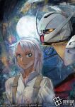  1boy blue_eyes closed_mouth collared_shirt commentary_request company_name copyright_logo copyright_name copyright_notice dark-skinned_male dark_skin dress_shirt full_moon grey_hair gundam gundam_card_game hairband ikuyoan logo looking_at_viewer loran_cehack mecha medium_hair mobile_suit moon moonlight_butterfly_(gundam) official_art popped_collar robot science_fiction shirt sunrise_(company) suspenders turn_a_gundam turn_a_gundam_(mobile_suit) upper_body v-fin white_hairband white_shirt yellow_eyes 