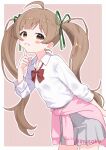  1girl ahoge blush border bow bowtie brown_hair cardigan cardigan_around_waist clothes_around_waist commentary_request concept_gyarus_(idolmaster) finger_to_cheek green_ribbon grey_skirt gyaru hair_ribbon hakozaki_serika idolmaster idolmaster_million_live! idolmaster_million_live!_theater_days inusoku kogal long_hair looking_at_viewer loose_bowtie open_collar outline pink_cardigan pleated_skirt red_bow red_bowtie ribbon shirt simple_background skirt smile solo twintails twitter_username very_long_hair white_border white_outline white_shirt 