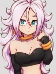  1girl android_21 blue_eyes breasts choker cleavage closed_mouth collarbone detached_sleeves dragon_ball dragon_ball_fighterz earrings grey_background hair_between_eyes hoop_earrings jewelry kemachiku long_hair majin_android_21 medium_breasts pink_hair simple_background solo upper_body 