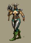  1girl 2026 armor artist_name axe azure_meraki barbarian battle_axe belt boots brown_belt chainmail cleavage_cutout clothing_cutout codpiece cuisses eyes_in_shadow fake_horns frown green_boots helmet highres holding holding_axe horned_helmet horns pauldrons shoulder_armor signature sleeveless the_elder_scrolls the_elder_scrolls_ii:_daggerfall vambraces weapon 