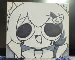  1girl absurdres animal_ear_fluff animal_ears close-up hair_between_eyes hair_ornament highres hololive marker_(medium) miyaoo1224 ookami_mio ookami_mio_(1st_costume) open_mouth photo_(medium) sailor_collar shikishi simple_background traditional_media virtual_youtuber white_background wolf_ears wolf_girl 