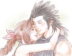 1boy 1girl aerith_gainsborough arms_around_neck bare_arms bare_shoulders black_hair black_shirt blush braid braided_ponytail brown_hair closed_mouth commentary crisis_core:_final_fantasy_vii cross_scar crylin6 dress earrings english_commentary final_fantasy final_fantasy_vii hair_ribbon hair_slicked_back hetero hug jewelry long_hair medium_hair parted_bangs parted_lips pink_ribbon ribbed_shirt ribbon scar scar_on_cheek scar_on_face shirt sideburns sidelocks single_braid single_earring sleeveless sleeveless_dress sleeveless_turtleneck smile stud_earrings turtleneck upper_body white_dress zack_fair 