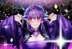  1girl bangs blush breasts cleavage crying crying_with_eyes_open double_v dress earrings egasumi emotional_engine_-_full_drive error fate/grand_order fate_(series) feather_trim fur-trimmed_dress fur_trim hair_between_eyes hands_up highres jewelry long_sleeves multiple_earrings parody purple_dress purple_hair purple_ribbon red_eyes ribbon sarruro scathach_(fate)_(all) scathach_skadi_(fate/grand_order) sei_shounagon_(fate) sparkle star streaming_tears tears tiara trembling v v_over_eye 