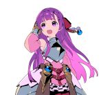  1girl :d absurdres armor armored_dress bangs bare_shoulders blunt_bangs bow breastplate copyright_request detached_sleeves dress faulds gauntlets hair_bow hair_ornament hand_up highres long_hair long_sleeves nagisa_kurousagi open_mouth pink_dress purple_eyes purple_hair red_bow simple_background smile solo upper_teeth white_background 