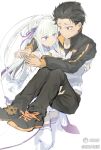  1boy 1girl absurdres arm_around_neck black_hair black_pants black_shoes braid carrying carrying_person closed_mouth elf emilia_(re:zero) eye_contact flower gem green_gem hair_flower hair_ornament hair_ribbon highres jacket looking_at_another mihuashi_logo mihuashi_username natsuki_subaru pants pointy_ears purple_eyes purple_ribbon re:zero_kara_hajimeru_isekai_seikatsu reverse_princess_carry ribbon shoes sidelocks simple_background thighhighs track_jacket white_background white_flower white_hair white_thighhighs xiangsi_de_nan_niang_4439 