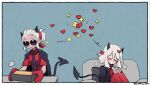  2girls ahoge armchair baking black_horns black_necktie black_tail blush chair closed_eyes coffee_mug cup demon_girl demon_horns demon_tail hair_tie heart helltaker highres holding holding_cup horns jacket jacket_on_shoulders justice_(helltaker) modeus_(helltaker) mug multiple_girls necktie noah_(tettsui-sole) oven_mitts pantyhose red_pantyhose red_shirt red_sweater ribbed_sweater shirt short_hair short_sleeves simple_background sitting sleeves_past_wrists smile sparkle steam sunglasses sweater tail twitter_username white_hair 