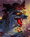  abstract_background ambiguous_gender blood blood_splatter bodily_fluids dew_dragon ear_piercing ear_ring fangs fur grey_body grey_fur hair hi_res hyaenid jewelry mammal necklace piercing red_hair spotted_hyena yellow_eyes 