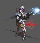  1girl arm_cannon armor beam_cannon breasts cannon closed_mouth commentary_request dual_wielding full_body glowing_muzzle godzilla_(series) godzilla_vs._mechagodzilla grey_background helmet holding holding_cannon holding_weapon large_breasts long_hair looking_at_viewer mecha_musume mechagodzilla personification powering_up purple_hair shadow simple_background solo standing tushuzhu weapon yellow_eyes 