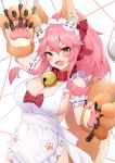  1girl :d animal_ear_fluff animal_ears apron bell bell_collar blush blush_stickers breasts cat_hair_ornament cat_paws cleavage collar commentary eyebrows_visible_through_hair fang fate/grand_order fate_(series) fox_ears fox_girl fox_tail gloves hair_ornament hair_ribbon highres holding holding_knife jingle_bell knife knives_between_fingers large_breasts long_hair naked_apron open_mouth paw_gloves paws phil pink_hair ponytail red_ribbon ribbon sideboob skin_fang smile solo tail tamamo_(fate)_(all) tamamo_cat_(fate) white_apron yellow_eyes 