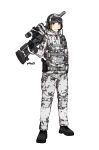  1girl absurdres ammunition_pouch artist_name bangdog belt black_boots black_gloves blonde_hair bolt_action boots bulletproof_vest camouflage camouflage_jacket camouflage_pants closed_mouth combat_helmet commentary commission dated english_commentary full_body gloves goggles goggles_on_head grey_eyes gun handgun headset helmet highres holster jacket looking_at_viewer military_combat_uniform military_uniform original pants pouch rifle sako_trg short_hair simple_background sniper_rifle solo standing tactical_gloves walkie-talkie weapon white_background 