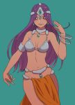  1girl aqua_background armlet armor bare_shoulders bikini_armor bracelet breasts cleavage closed_mouth collarbone dark_skin dragon_quest dragon_quest_iv earrings fingernails groin highres jewelry loincloth long_hair looking_at_viewer manya medium_breasts midriff navel purple_hair red_eyes simple_background smile solo straight_hair tanuki_koubou very_long_hair 