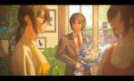  1boy 2girls absurdres apple apron artist_name black_border black_hair blurry blurry_foreground border bouquet brown_hair brown_jacket closed_mouth collared_shirt eren_yeager florist food fruit green_eyes hair_between_eyes highres holding holding_bouquet indoors jacket letterboxed long_hair looking_at_another mikasa_ackerman multiple_girls necktie parted_lips picture_frame plant ponytail potted_plant red_necktie ribbed_sweater sasha_blouse scar scar_on_cheek scar_on_face shigure0v0 shingeki_no_kyojin shirt short_hair smile suit_jacket sweater upper_body white_shirt white_sweater yellow_apron 
