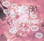  6+girls absurdres bbing_a bed_sheet black_hair bleach breasts brown_hair character_mask cinnamoroll cleavage closed_eyes commentary crossover cup drinking_glass english_commentary eye_mask furrowed_brow haruno_sakura hello_kitty highres holding holding_cup hyuuga_hinata inoue_orihime korean_text kuchiki_rukia kuromi large_breasts laughing locked_arms long_hair mask mask_on_head medium_breasts medium_hair multiple_crossover multiple_girls my_melody nami_(one_piece) naruto_(series) naruto_shippuuden nico_robin on_bed one_piece open_mouth pajamas pink_hair pochacco pompompurin print_pajamas sanrio sleepover smile stuffed_animal stuffed_toy translation_request wine_glass 