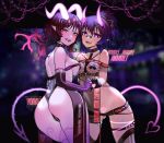  &lt;3 absurd_res blue_eyes breasts bsapricot butt clothing demon duo english_text female hair hi_res horn horned_humanoid humanoid humanoid_pointy_ears looking_at_viewer medium_breasts melody_(projektmelody) projektmelody purple_eyes purple_hair short_hair small_breasts smile spade_tail standing text 