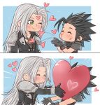  2boys :3 armor black_coat black_gloves black_hair black_shirt blowing_kiss blue_background blush border chest_strap chibi chibi_only closed_eyes coat cross_scar crylin6 earrings final_fantasy final_fantasy_vii gloves green_eyes grey_hair jewelry male_focus multiple_boys one_eye_closed pauldrons puckered_lips ribbed_shirt scar scar_on_cheek scar_on_face sephiroth shirt shoulder_armor single_earring upper_body white_border yaoi zack_fair 