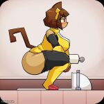 1:1 absurd_res anthro bathroom black_bottomwear black_clothing black_pants bottomwear bottomwear_down brown_hair clothed clothing crouching domestic_cat eyewear felid feline felis female gameoverse glitch_productions goggles hair hi_res kit_bodega mammal pants pants_down partially_clothed pink_eyes public_restroom restroom_stall sillynamie solo squat_toilet toilet toilet_paper toilet_use