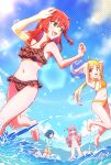  10ttruck 4girls :d arm_up arms_up ball bare_arms bare_legs barefoot beachball bikini blonde_hair blue_eyes blue_hair blue_jacket bocchi_the_rock! breasts brown_bikini brown_eyes cleavage commentary_request day frilled_bikini frills gotoh_hitori green_eyes highres holding holding_ball hood hooded_jacket ijichi_nijika jacket jumping kessoku_band kita_ikuyo long_hair long_sleeves medium_breasts medium_hair multiple_girls navel one_side_up open_clothes open_jacket open_mouth orange_bikini outdoors pink_hair pink_jacket polka_dot polka_dot_bikini ponytail red_hair revision short_shorts shorts smile sports_bikini summer swimsuit wading wavy_mouth white_bikini yamada_ryo yellow_shorts 
