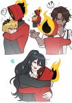 !? 1other 3boys black_coat black_hair black_shirt blonde_hair blush brown_hair clock coat collared_shirt commentary commentary_request cropped_torso dante_(limbus_company) fire hand_on_another's_head heart heathcliff_(project_moon) high_ponytail highres holster hong_lu_(project_moon) hug korean_commentary leummeul limbus_company long_hair multiple_boys mutual_hug necktie object_head ponytail project_moon red_coat red_necktie shirt short_hair shoulder_holster sinclair_(project_moon) spoken_interrobang surprise_hug surprised white_shirt 