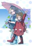  1boy 1girl bag bead_bracelet beads blonde_hair blue_flower boots border bow bowtie bracelet breasts cardigan coat collared_shirt commentary_request diagonal-striped_bow diagonal-striped_bowtie diagonal-striped_clothes dissidia_duellum_final_fantasy dissidia_final_fantasy final_fantasy final_fantasy_iii final_fantasy_vi flower full_body green_eyes hair_ribbon highres holding holding_bag holding_umbrella jewelry low_ponytail medium_breasts official_alternate_costume okomeddff onion_knight onion_knight_(knight_in_shining_streetwear) open_mouth pants parted_bangs plaid_clothes plaid_pants plaid_skirt ponytail purple_eyes purple_flower red_boots red_coat ribbon shirt skirt smile spring_onion striped_bow striped_bowtie striped_clothes terra_branford terra_branford_(school_cardigan) umbrella walking waving white_border 