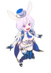 1girl :d animal_ears belt black_gloves blue_legwear blue_neckwear bow bowtie breasts bunny_ears coat collared_shirt copyright_request detached_collar gloves hat heart heart-shaped_pupils highres juliet_sleeves large_breasts light_blush long_sleeves looking_at_viewer midriff mini_hat mini_top_hat nagisa_kurousagi navel open_clothes open_coat open_mouth puffy_sleeves purple_eyes purple_hair shirt shoes short_hair simple_background smile solo striped striped_legwear symbol-shaped_pupils thighhighs top_hat vertical-striped_legwear vertical_stripes white_background white_belt wing_collar 