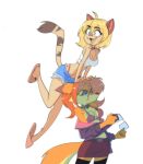 annoyed anthro bangs bell bell_collar blonde_hair blue_eyes bottomwear bra breasts canid canine cassandra_(psicoyote) choker clothed clothing collar crop_top cropped_tank_top denim denim_bottomwear denim_clothing denim_shorts digital_drawing_(artwork) digital_media_(artwork) dipstick_ears dipstick_tail duo ear_markings eyelashes eyewear fangs felid feline female fluffy fluffy_tail footwear fox freckled_breasts freckled_hips freckled_shoulders freckles fur glasses hair hairyfood1 hi_res holding_object jacket jewelry jingle_bell jingle_bell_collar leapfrog legwear light_body light_skin long_eyelashes long_tail looking_away mammal markings midriff miniskirt mole_(marking) mole_under_eye multicolored_ears narrowed_eyes necklace o-ring open_mouth orange_body orange_fur orange_hair partially_clothed pointy_ears shirt shoes shorts simple_background skirt slippers snout spot_freckles spots spotted_hips spotted_shoulders tail tail_markings teeth thigh_highs thong_straps topwear underwear underwear_straps veronica_(psicoyote)