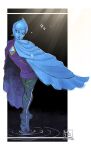  1girl artist_name ballet blank_eyes blue_cape blue_eyes blue_hair blue_skin border cape chest_jewel closed_mouth colored_skin commentary dress english_commentary fi_(zelda) forehead_jewel full_body green_ribbon hero_of_badass highres leg_ribbon purple_cape purple_dress ribbon short_dress short_hair solo standing standing_on_liquid the_legend_of_zelda the_legend_of_zelda:_skyward_sword tiptoes two-tone_cape white_border 