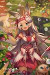  1girl :d animal animal_ear_fluff animal_ears arrow artist_name bangs bare_shoulders blue_eyes bow_(weapon) breasts bunny_ears cat commentary dark_skin detached_sleeves dragalia_lost english_commentary eyebrows_visible_through_hair fake_horns gloves hair_between_eyes hand_up hentaki highres holding holding_bow_(weapon) holding_weapon horned_mask long_hair long_sleeves mask mask_on_head open_mouth parted_bangs quiver red_skirt sarisse_(dragalia_lost) skirt small_breasts smile solo upper_teeth very_long_hair watermark weapon web_address white_gloves white_hair white_sleeves 