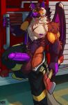 absurd_res anthro balls bat big_balls big_penis canid canine clothed clothing ear_piercing facial_piercing firefighter genitals hi_res krideg lazaraus(left4cake) male mammal nose_piercing partially_clothed penis piercing presenting presenting_penis purple_penis solo